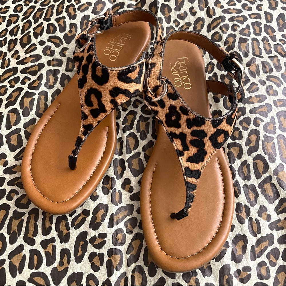 Franco Sarto Calf Hair Leopard Leather sandals “Goldy”